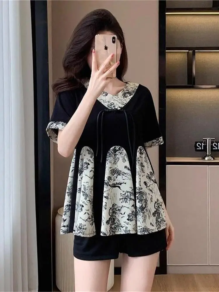 New Chinese Style Short Sleeve Water-Media Shirt Women's Fashion Summer New Belly Covering Tunic Top V-Neck Grafting Button