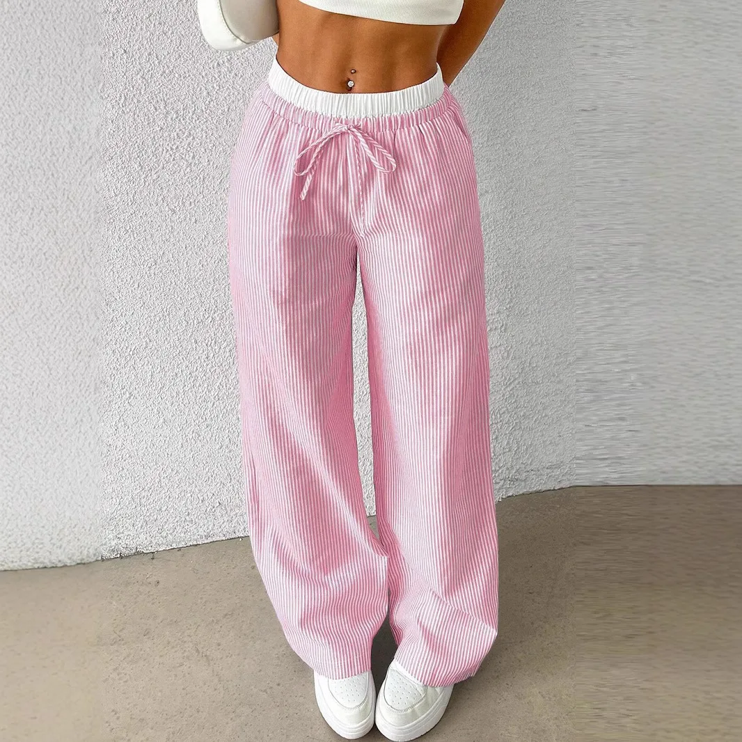 XIZOU Women's Casual Striped Woven Wide Leg Pants Fall Winter 2025 Casual Stylish Full Length Trousers Y2K Clothes Streetwea