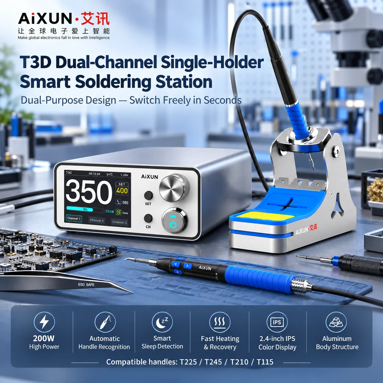 AiXUN T3D Dual Channel Smart Soldering Station 200W 2.4 Inch IPS Color Screen T225/T245/T210 Handles for Phone PCB Repair Tool
