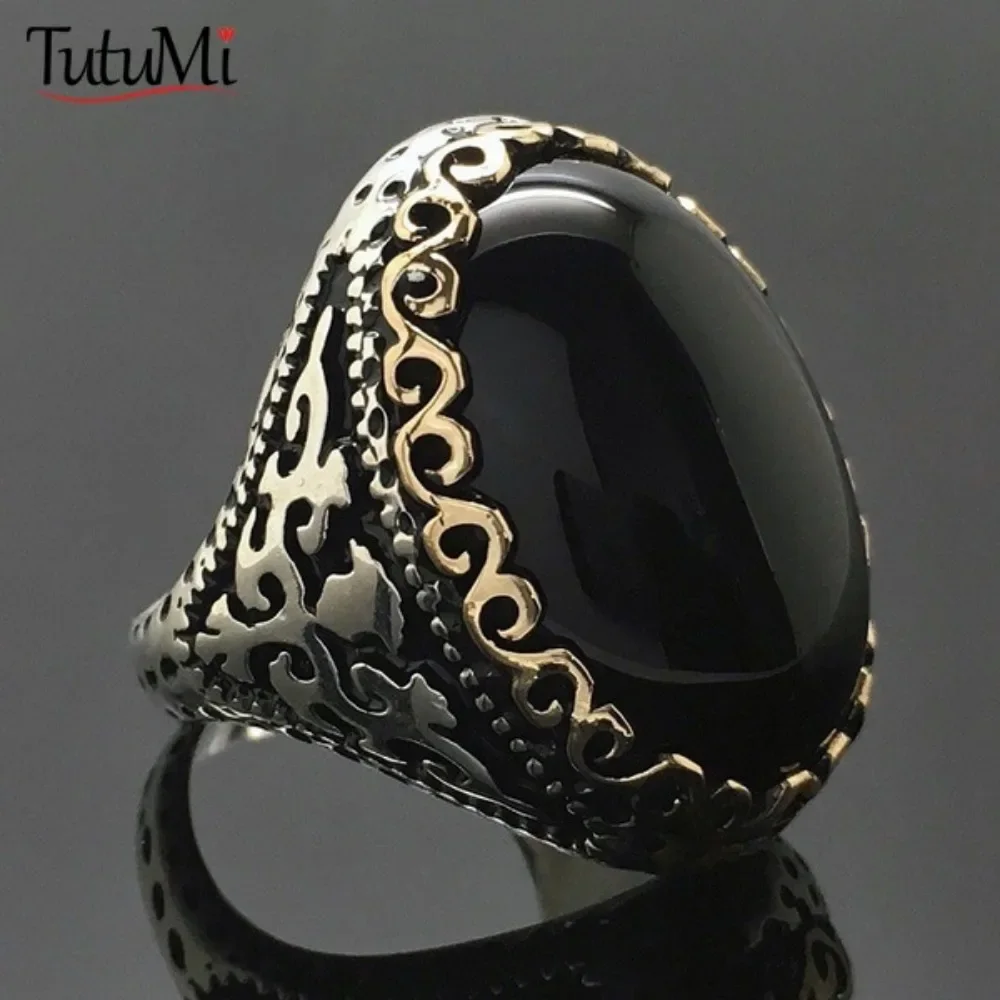 Vintage Silver 925 Ring Thai Silver Black Zircon Ring Exaggerated Goose Egg Separation Ring Gifts for Women