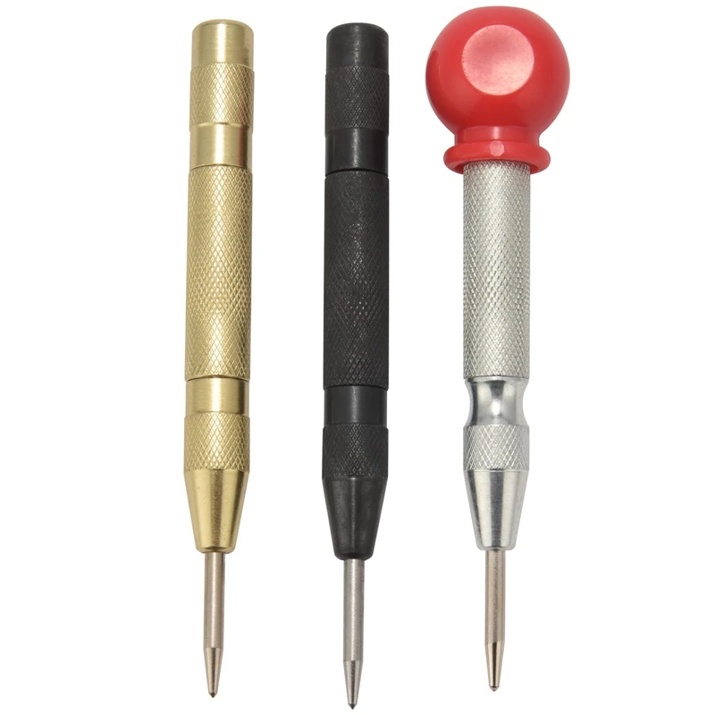 

3 Pcs Automatic Center Punch Tool, 5 Inch Spring Loaded Crushing Hand Tool With Cushion Cap And Adjustable Impact – Gold, Black,