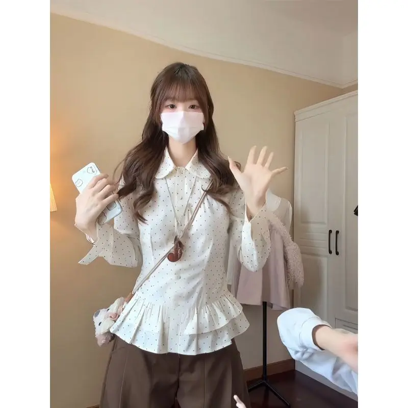 

Женская корейская блузка больших размеров с воротником-стойкой и принтом в горошек, весенне-осенняя, приталенная, с длинным рукавом, с завышенной талией, верхняя одежда