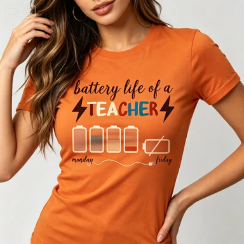 Female Summer Crew Neck Tee, Funny Teacher Week Battery Graphic Cotton T‑Shirt Casual Daily Top