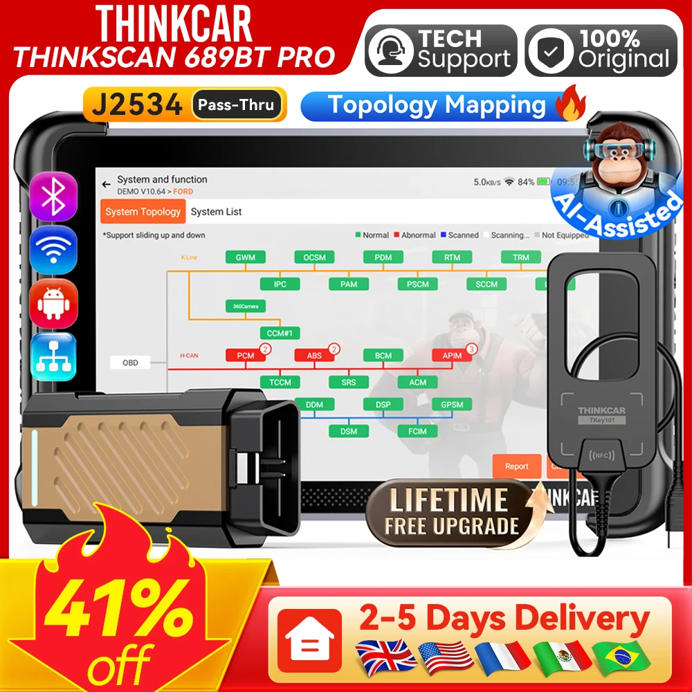 Global Version THINKCAR THINKSCAN 689BT Pro OBD2 Scanner CANFD/DoIP All System Diagnose Topology 35 Reset Lifetime Free Update