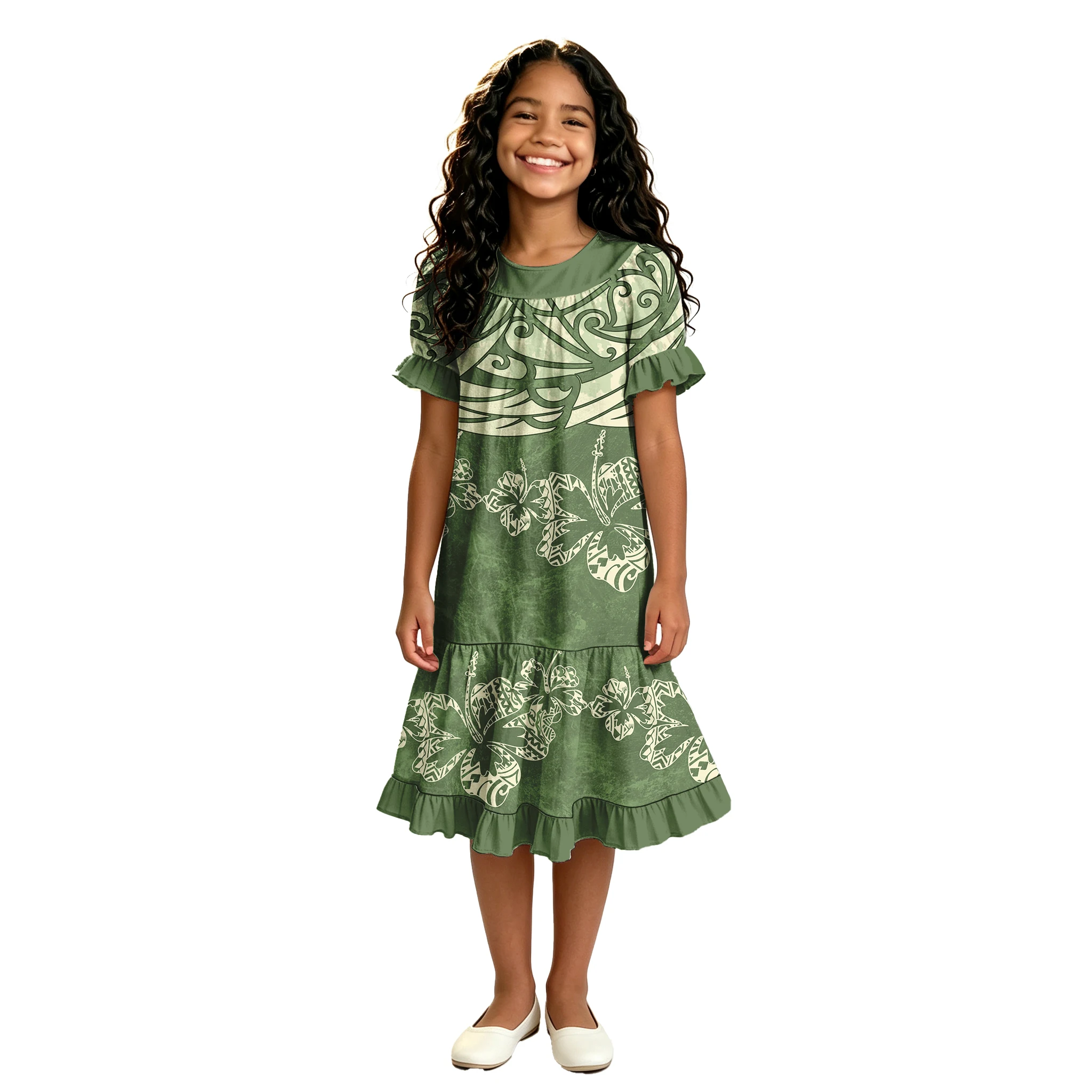 Summer O-Neck Ruffles Sleeve Hawaii Print Kids Long Dresses Children Clothes Custom Polynesian Tribal Design Girls Samoan Dress