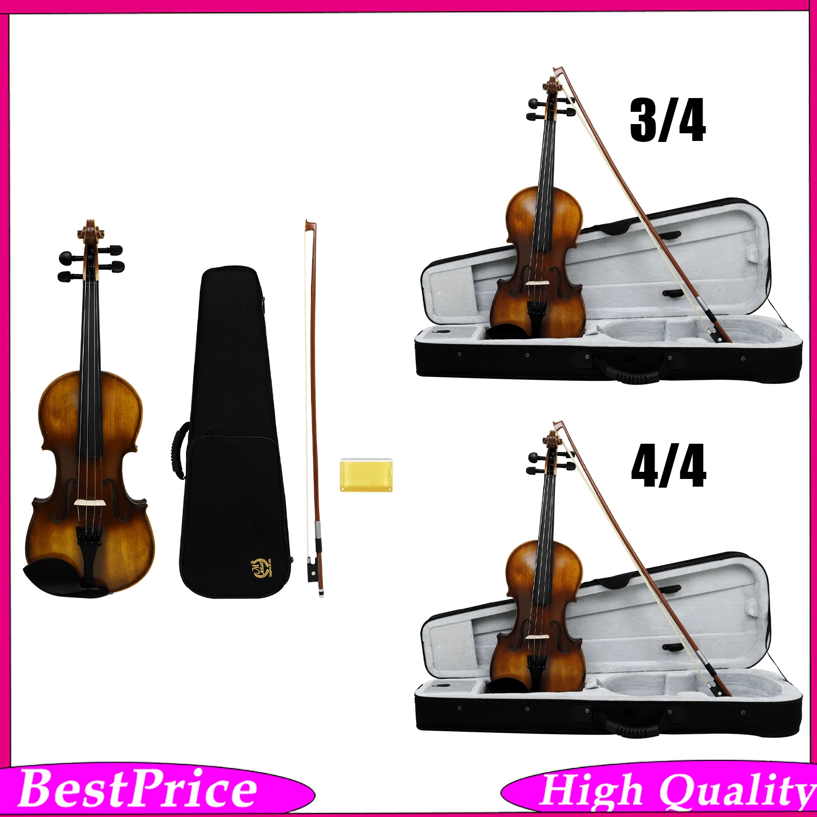 M MBAT AV-208 3/4 4/4 Violin Spruce Top Black Stained Fittings Triangular Case Professional Violin for Stage Performance