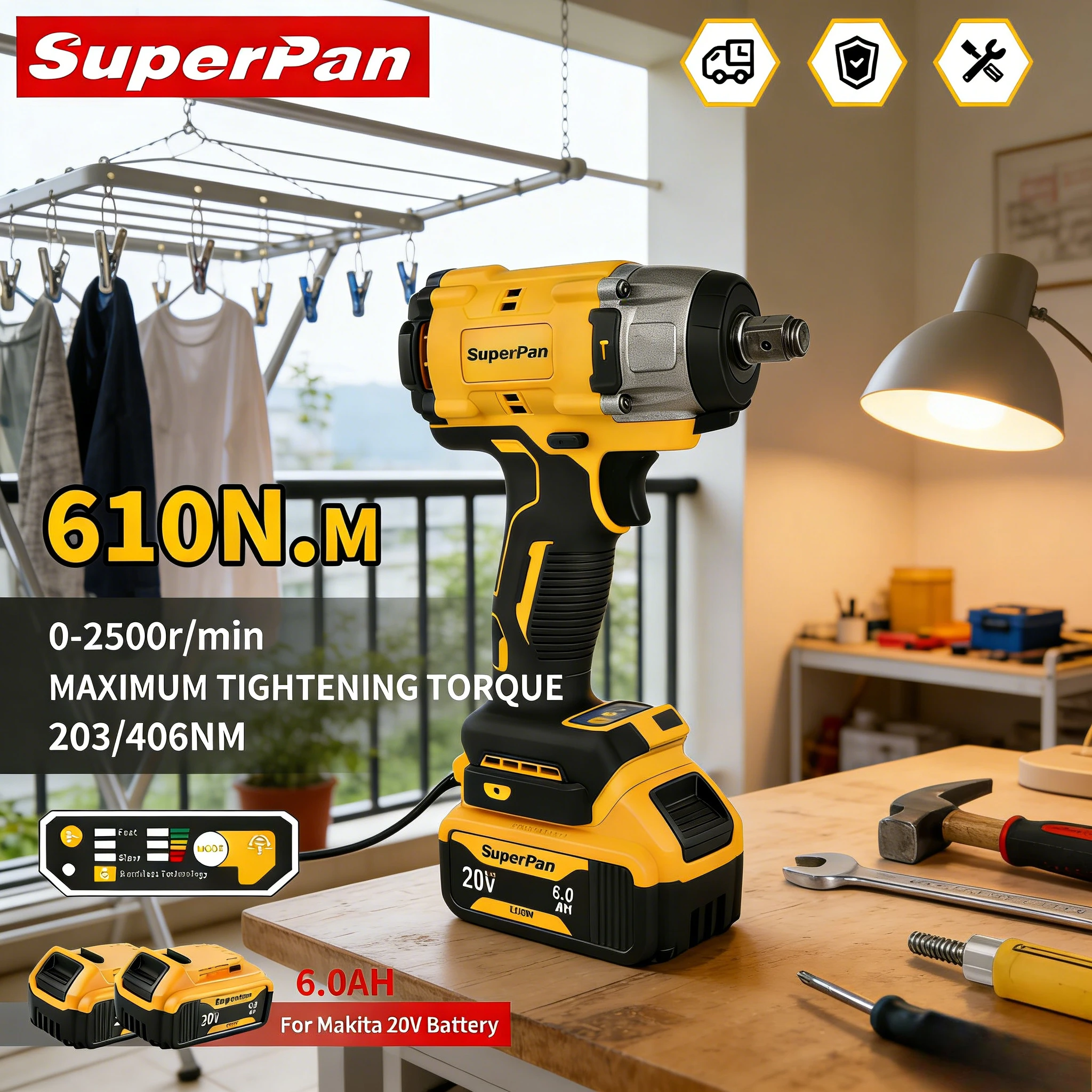 

SuperPan Professional Impact Wrench Lightweight Design Long-Lasting Battery Heat Dissipation 20V 610Nm 1/2" Drive for Dewalt