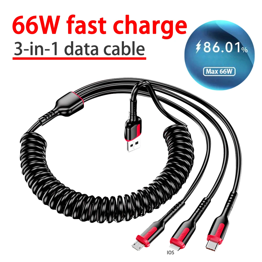 Multifunctional 3-in-1 Fast Charging Data Cable Suitable for IOS Android Data Cable USB Spring Expansion Cable