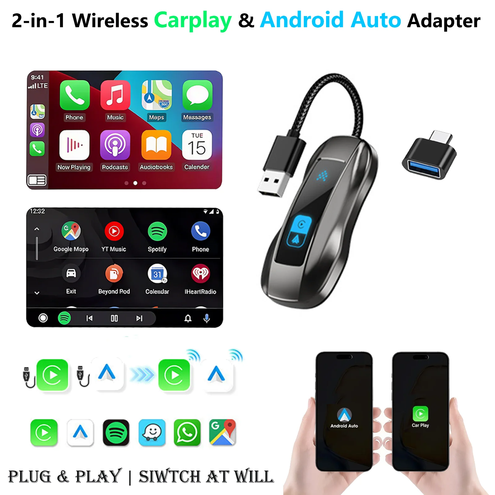 2in1 اللاسلكية CarPlay دونغل اللاسلكية أندرويد السيارات محول AI صندوق ذكي سيارة أنظمة ذكية للسيارة مع السلكية CarPlay