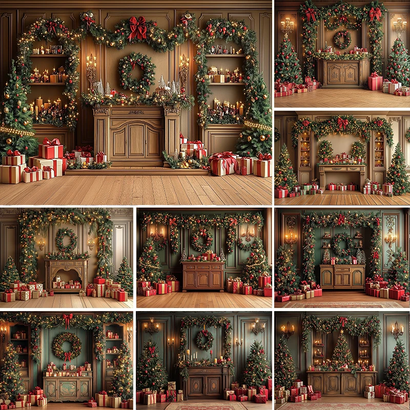 

LS Photography Background Winter Christmas Wreath Fireplace Gift Xmas Tree Kid Family Portrait Decor Backdrop Photo Studio