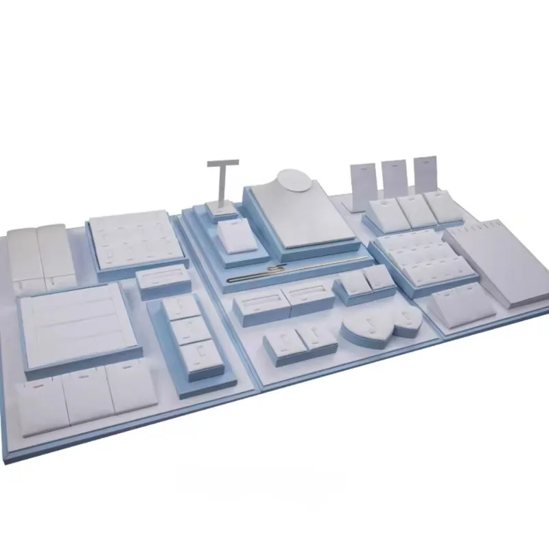 Luxury Jewelry Stand Showcase LED Store Display Props for Ring Earrings Set Leather Holder Jewelry Display Set