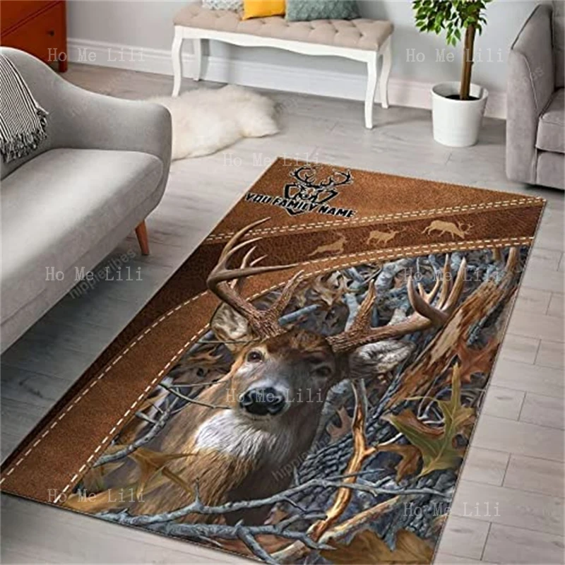 Deer Hunting Animal In The Run Pattern Custom Rectangle Flannel Floor Rugs Gift For Hunter Anti Slip Indoor Decor Carpet Doormat