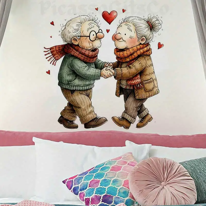 Valentine's Day Elderly Couple Wall Stickers Removable PVC Art Decals for Bedroom Living Room Wall Decoration AA289