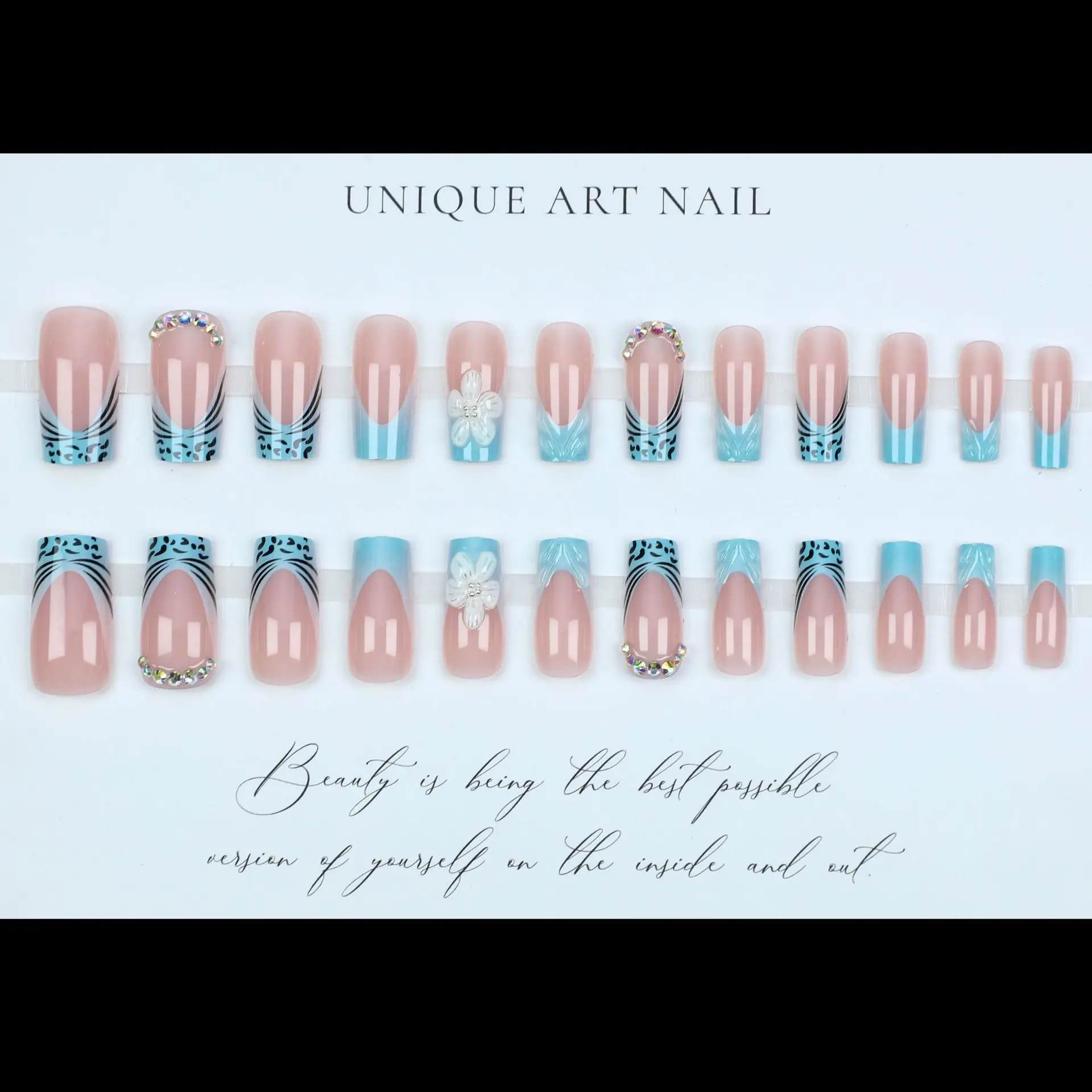 Medium fake nails for women gilrs 3D embossed flowers orange blue colors for Spring summer french style press on false nail art