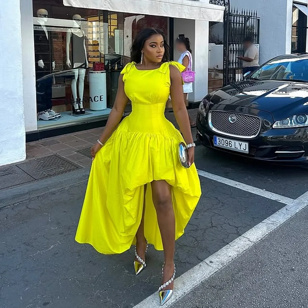 

Fashion Bright Yellow Asymmetrical African Women Dresses With Bow Straps Ankle Length Female Maxi Gowns