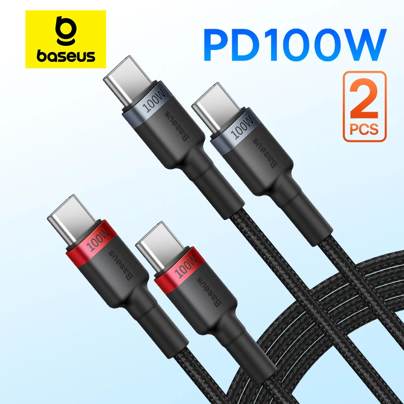 Baseus USB C에서 USB C타입 케이블, 아이폰 16, 15 플러스, 프로맥스용, USB C 고속 충전기 코드 USB-C, 맥북용, 100W, 2 개