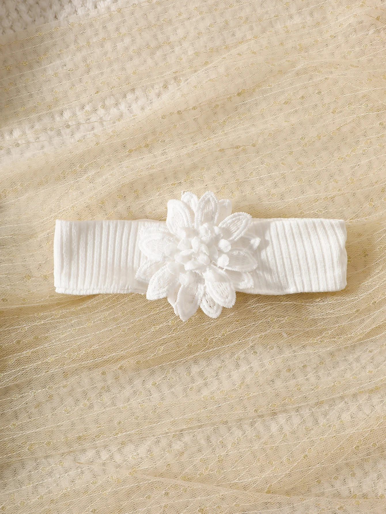 Sommerliches neues weißes geripptes Blumen-Mesh-Neckholder-Kleid für Mädchen mit passendem Blumen-Stirnband, süßer und lieblicher Stil. – Detail 8