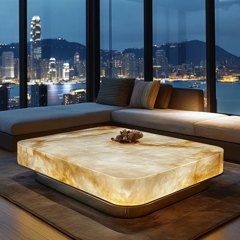 Jade Square Luminous Coffee Table Premium Villa Living Room Modern Minimalist Marble Venice Light Luxury Stone