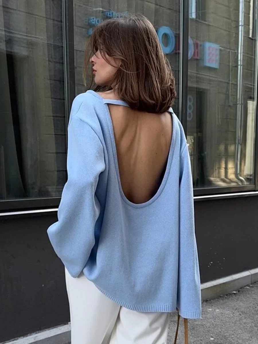 

New Women's Cotton Sweater Backless Design Loose Knit Pullover Jumper Autumn Winter Fashionable Commuting Sweater