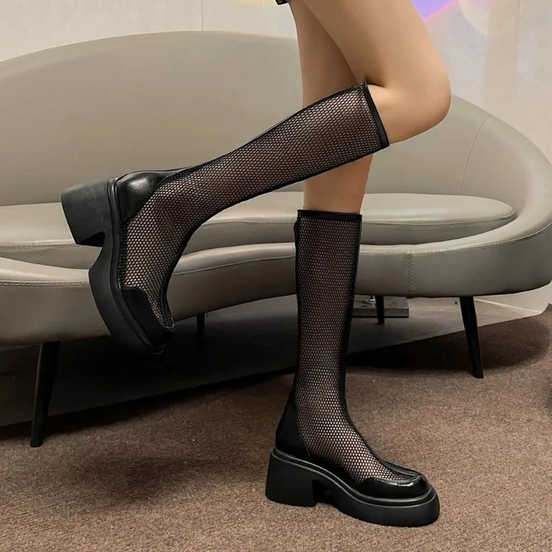 Female Summer Knee-high Mesh High Boots Women V-mouth Breathable Mesh Knight Boots Thick Heel Hollow Long Cool Boots Botas Mujer