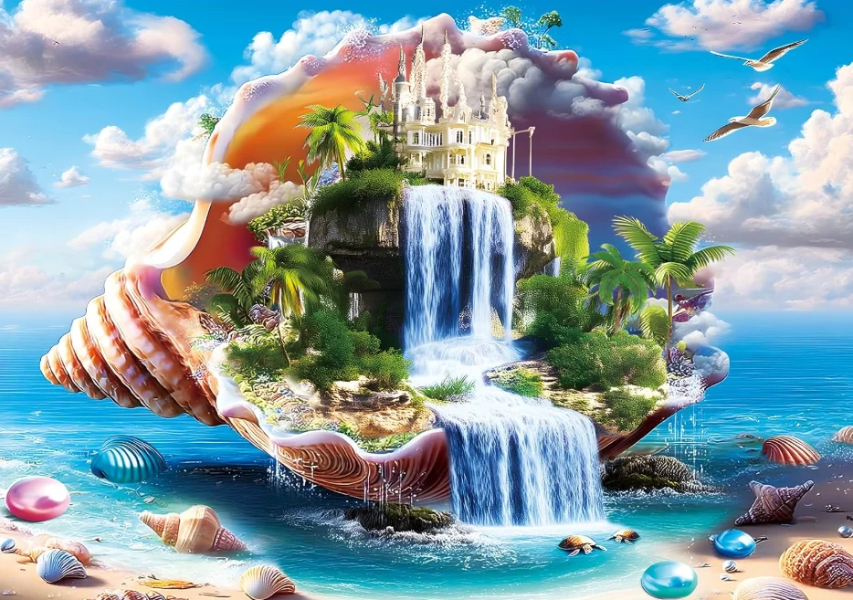 Jigsaw Puzzle 500/1000/1200/2000PCS Magical Seashell Island White Castle Waterfall Seaside Paradise DIY Puzzle Home Ornament