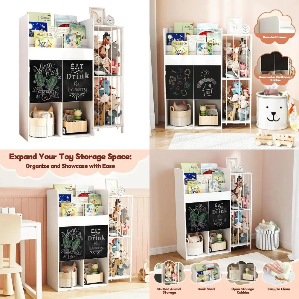 

White 4-in-1 Kids' Bookshelf with Storage Bins, Chalkboards, and Stuffed Animal Net for Bedroom or Playroom