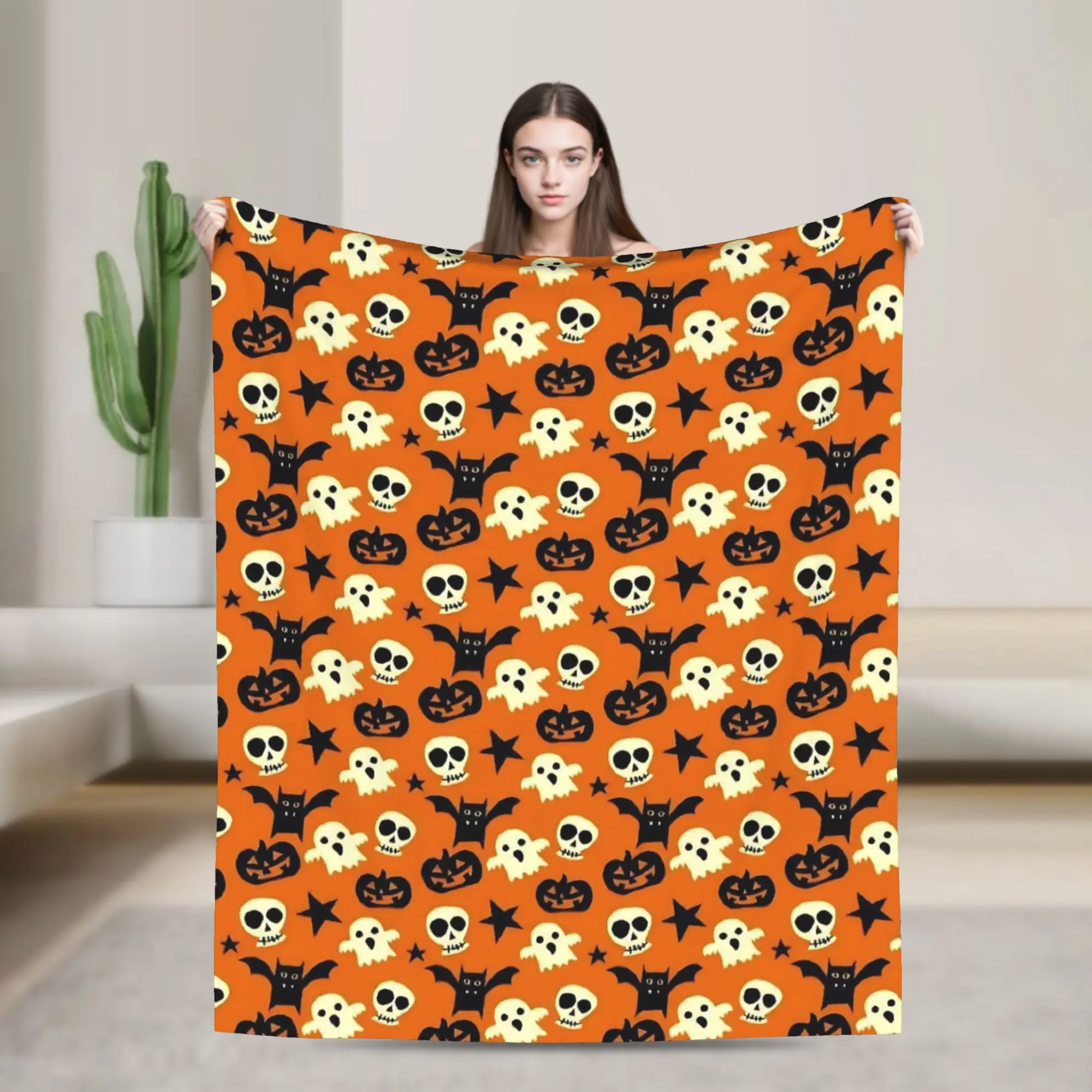 Halloween Spider Bat Pumpkin Flannel Blankets  Awesome Throw Blanket for Home 150*125cm Quilt