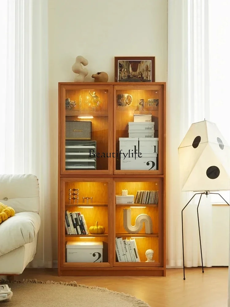 furniture all solid wood bookcase rattan storage living room glass door free combination lattice cabinet