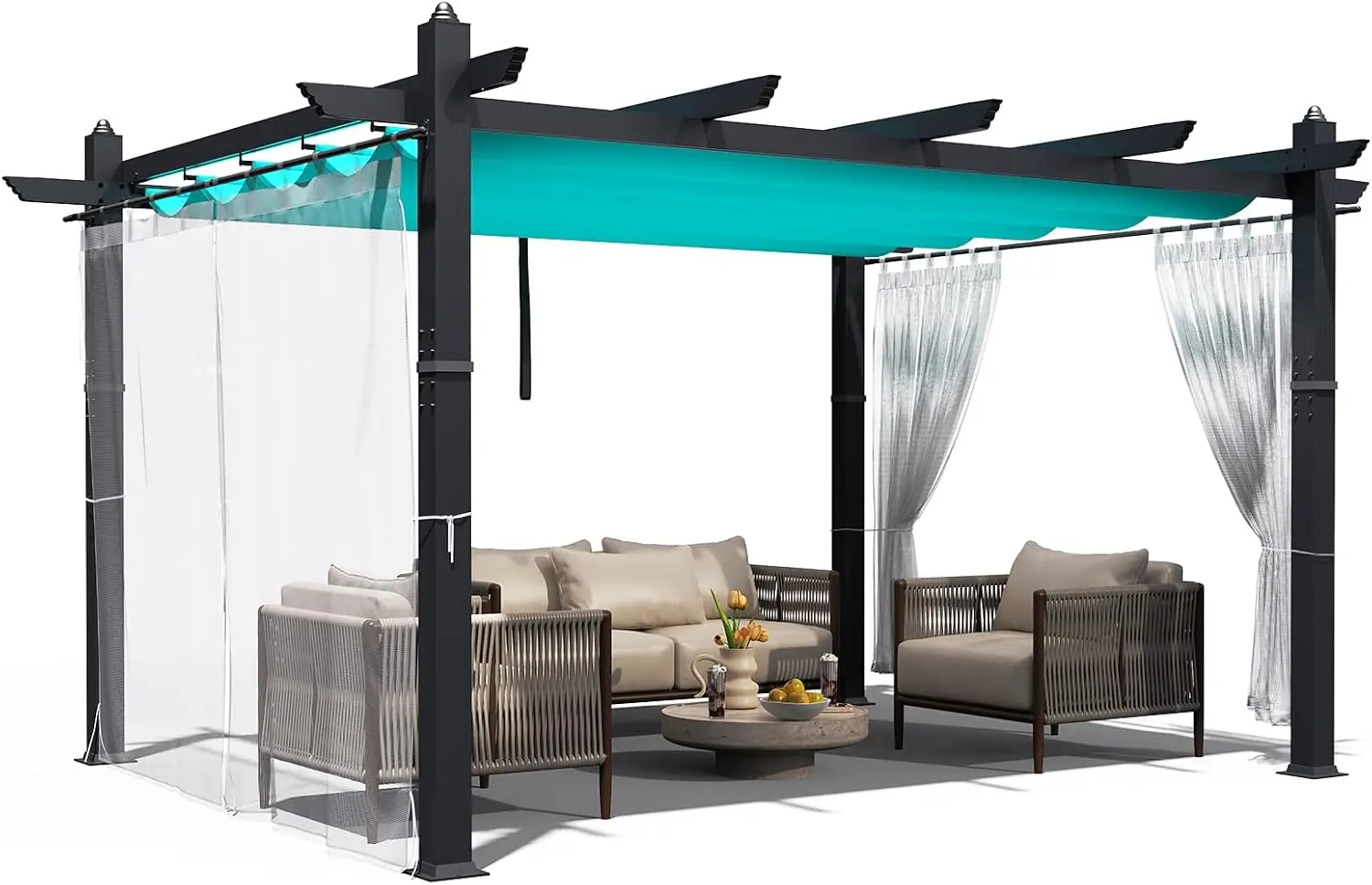 

10x13 Ft Aluminum Pergola Retractable Blue Canopy with White Mesh Screens & Gray Posts Grape Trellis Outdoor Pavilion for Backya