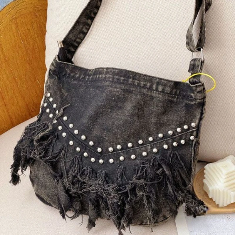 Vintage Rivet Tassel Denim Simple Shoulder Crossbody Bag Y2k Aesthetic Casual Fashion Women Handbags Grunge All Match Tote Bags