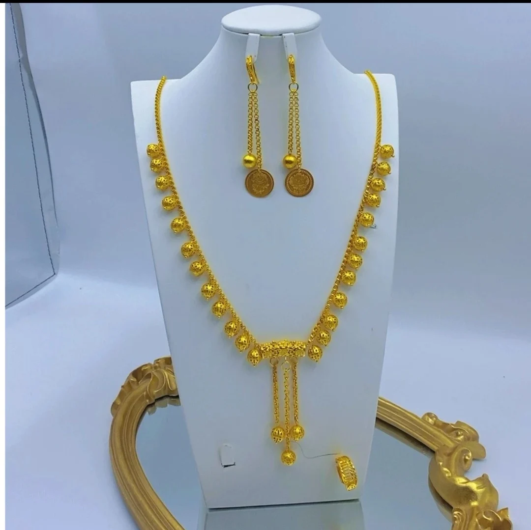 Dubai Jewelry Set 14k Gold Plated Fashion Tassel Necklace Earrings Women's Ring Bridal Wedding Three Piece Set YY10252