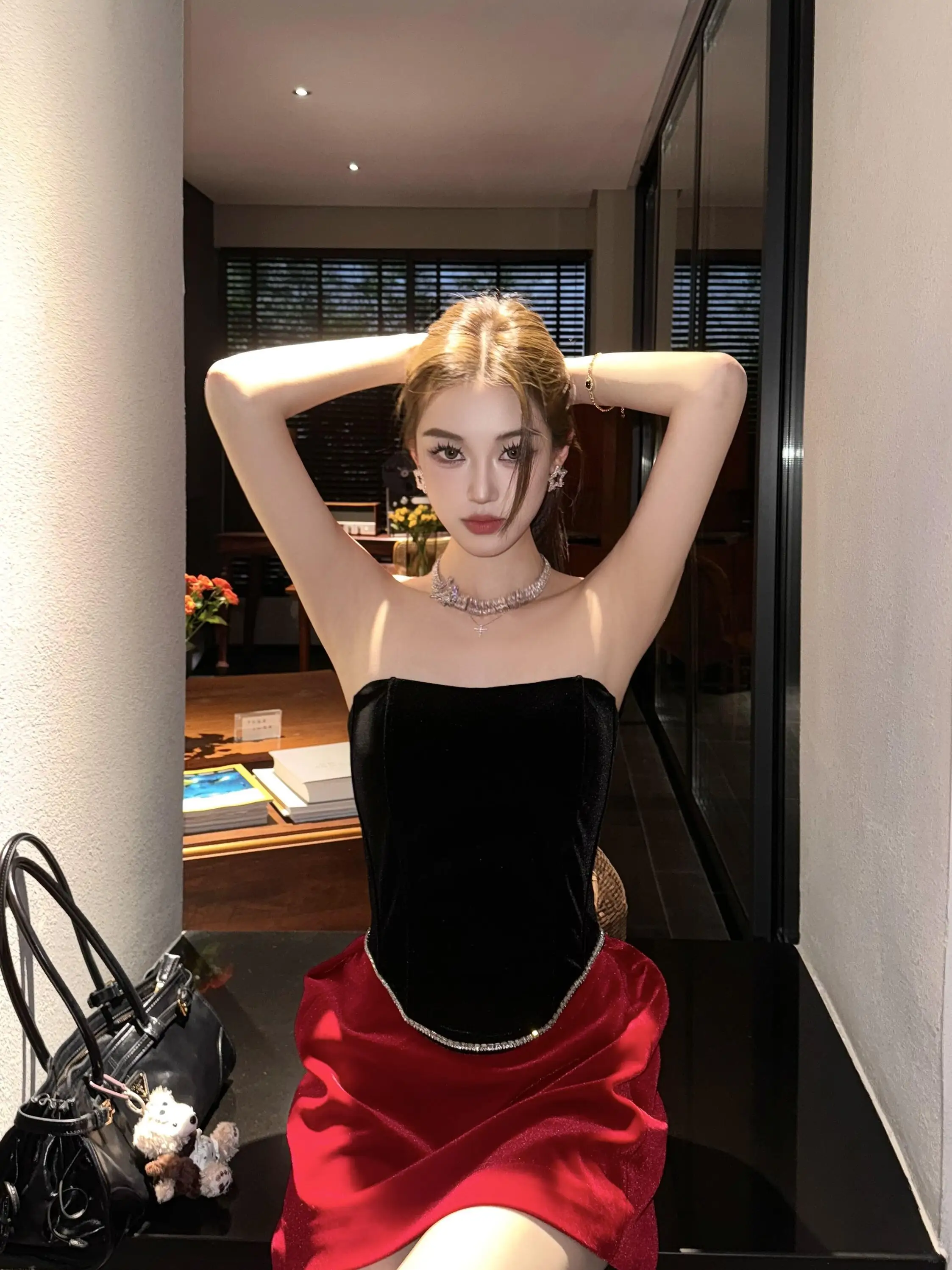 

Пышная юбка Princ Sle ort Velvet Par Dr с ремешком и бриллиантовым декором, черно-красная, для дня рождения и других мероприятий