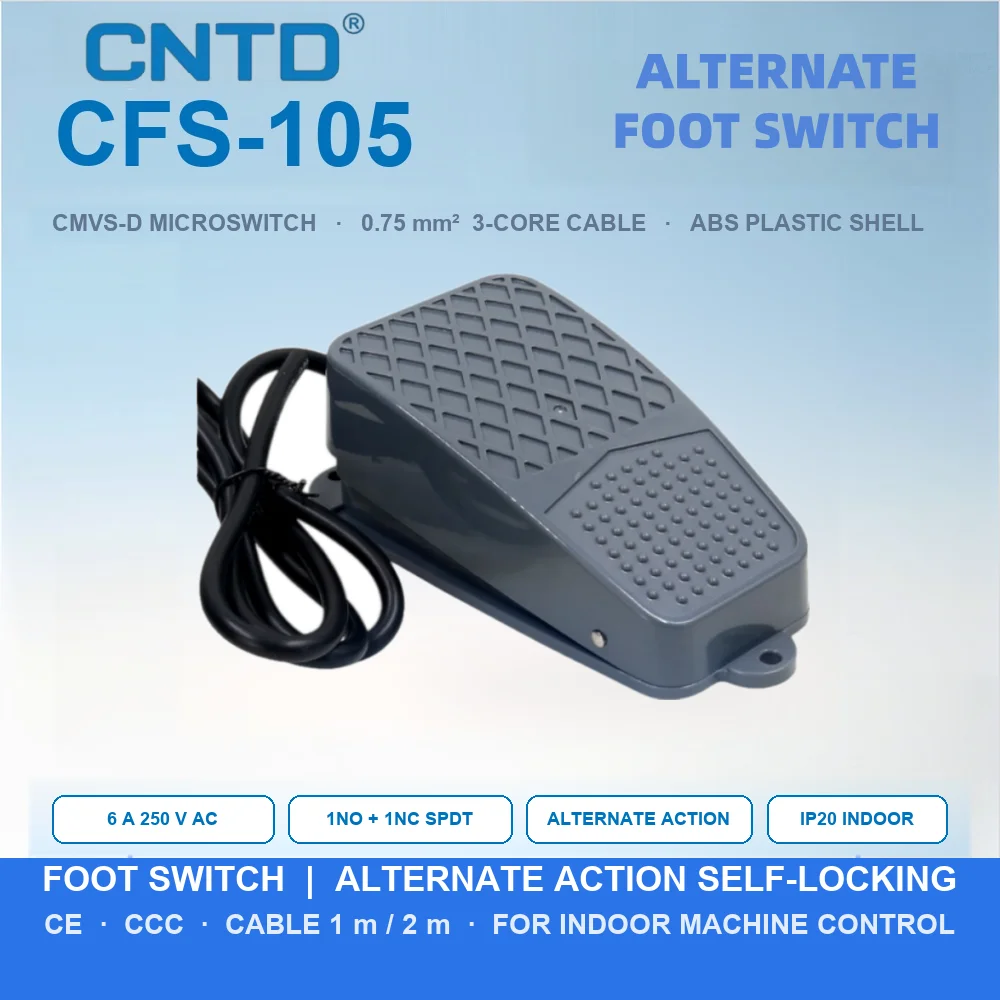 CNTD CFS-105 Industrial Foot Switch 6A 250V AC 1NO 1NC Alternate Action Self-Locking ABS Plastic Shell 1m 2m Cable IP20 CE CCC