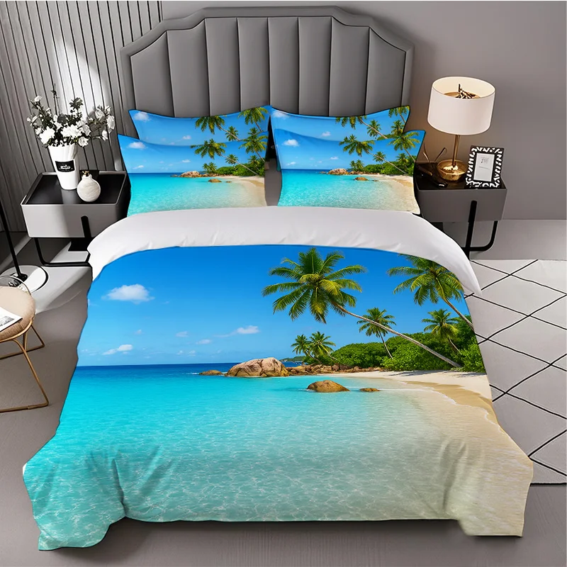 Zippered Duvet Cover Set, Flat Print Duvet Cover Set, Tropical Beach Palm Tree Print Duvet Cover Set, Three-Piece Bedding Set (1*Duvet Cover + 2*Pillowcases), Suitable for All Seasons, Machine Washable, Invisible Zipper Design, Large Double Bed Cover Set, Suitable for Home, Dormitory, Master Bedroom, Guest Room, Bedroom Decor Bedding, Hot-Selling Fantasy Style Duvet Cover Set