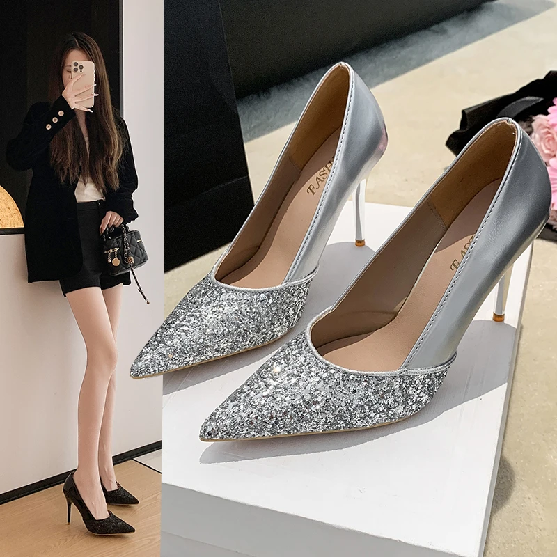 

Женские туфли на высоком каблуке, тренд 2025, серебряное свадебное платье для невесты, стильное элегантное женское платье-лодочки без шнуровки на шпильке с острым носком