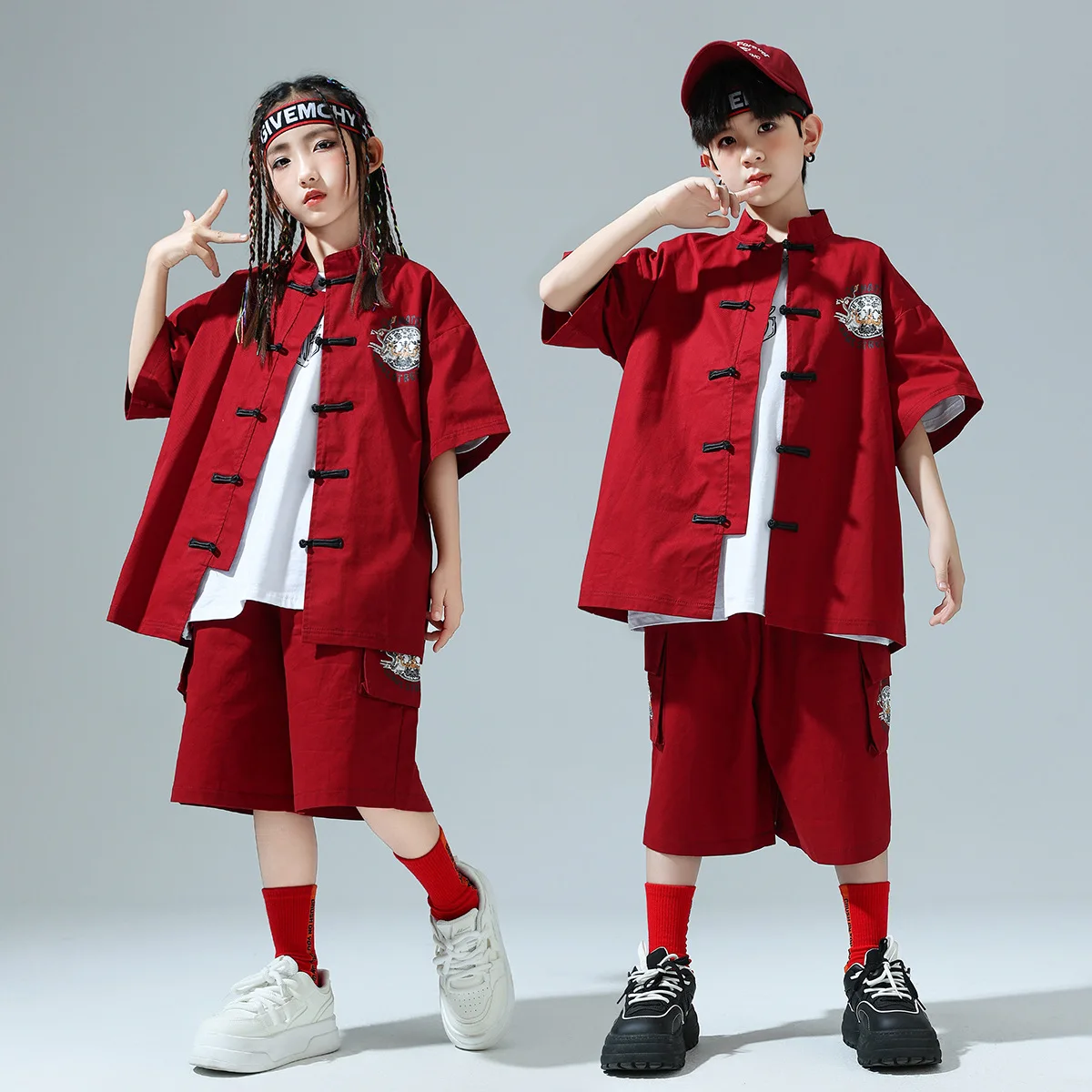 子供 Kpop ヒップホップの服中国風の衣装赤/黒ストリートセットガールズボーイズジャズダンス衣装服