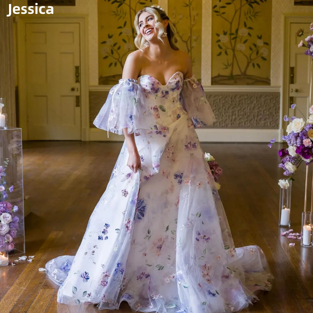 

Jessica Embroidery Flowers Evening Dresses Fairy Organza Puff Sleeves Prom Dresses Elegant Lady Wedding Party Dress Customized