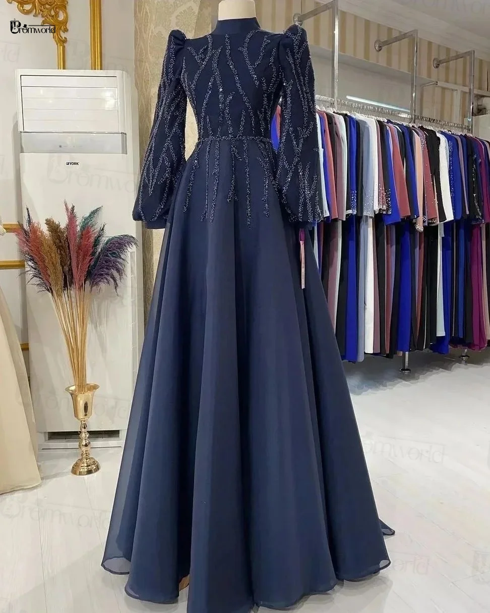 Navy Blue Long Sleeve Modest Evening Dresses High Neck Elegant Beaded Muslim Hijab Formal Party Dress For Women 2024 Real Photo