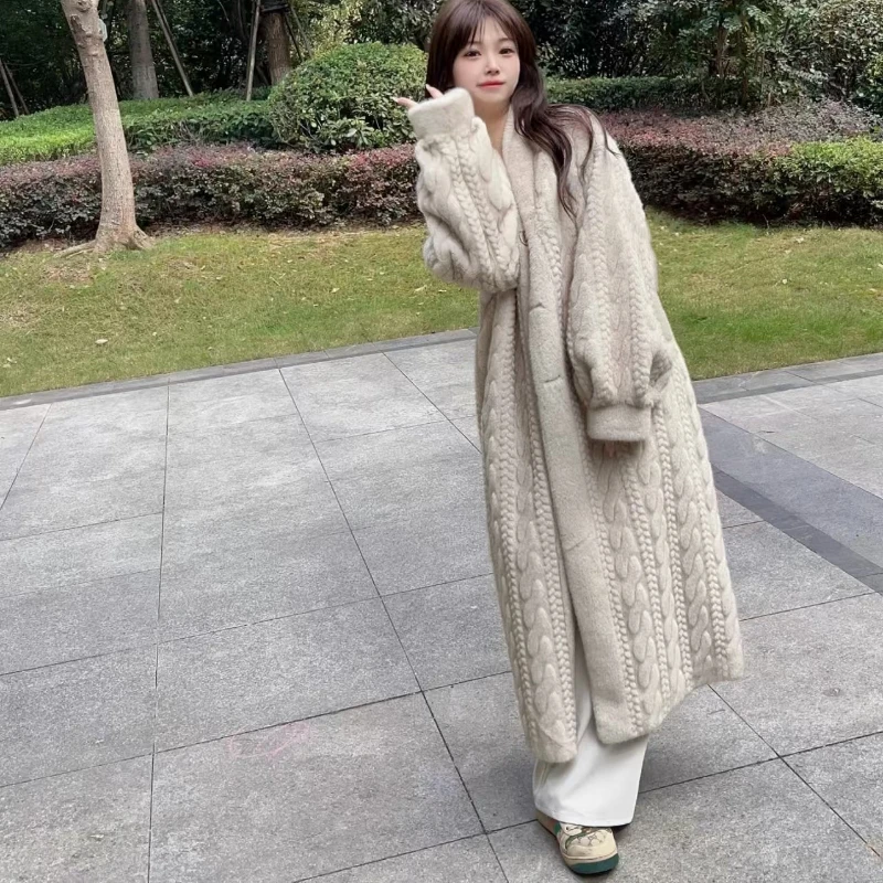 Luxury High-quality Fur Trench Coat Women Long Faux Fur Coat Fluffy Jacket Warm Soft Cardigan V-neck Single-breasted Outerwear