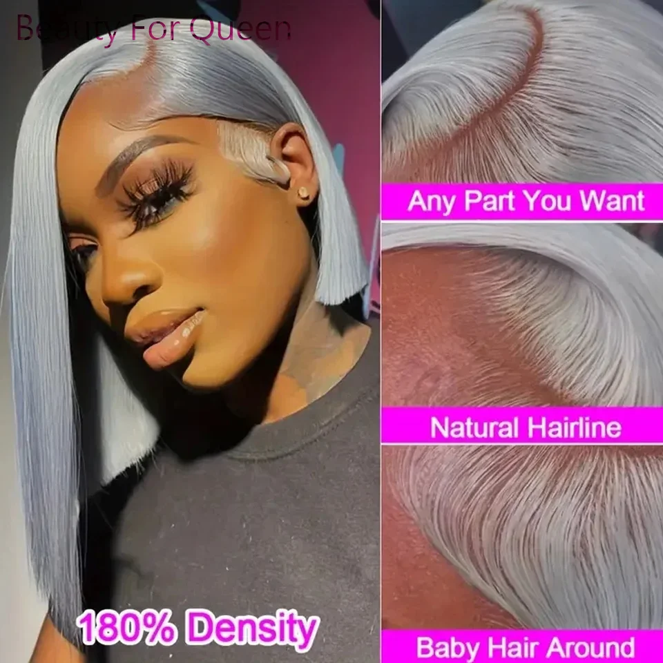 Grey Color Short Straight Bob Wig 180% Density 13×4 Lace Front Human Hair Wigs HD Transparent Brazilian Remy Glueless Bob Wig