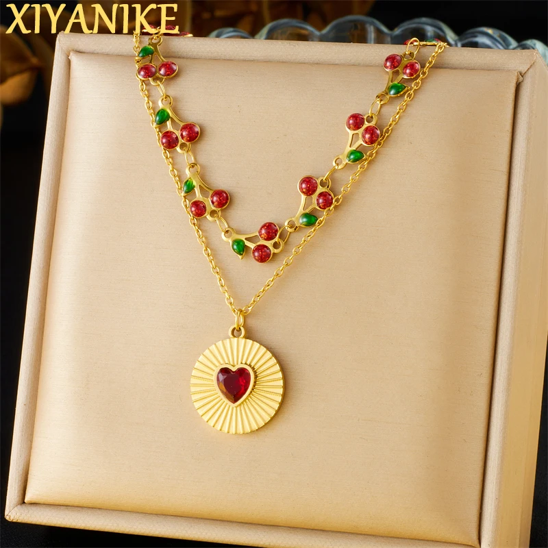 XIYANIKE 316L Edelstahl Roten Kristall Herz Disk Halskette Doppel Schicht Kette Rote Kirsche Schlüsselbein Kette Frauen Trendy Party Geschenke