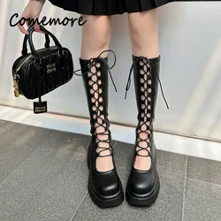 2024 Summer New Female Breathable Hollowed Out Mesh Boots Genuine Leather High Knight Boots Knee High Heels Show Thin Cool Boots