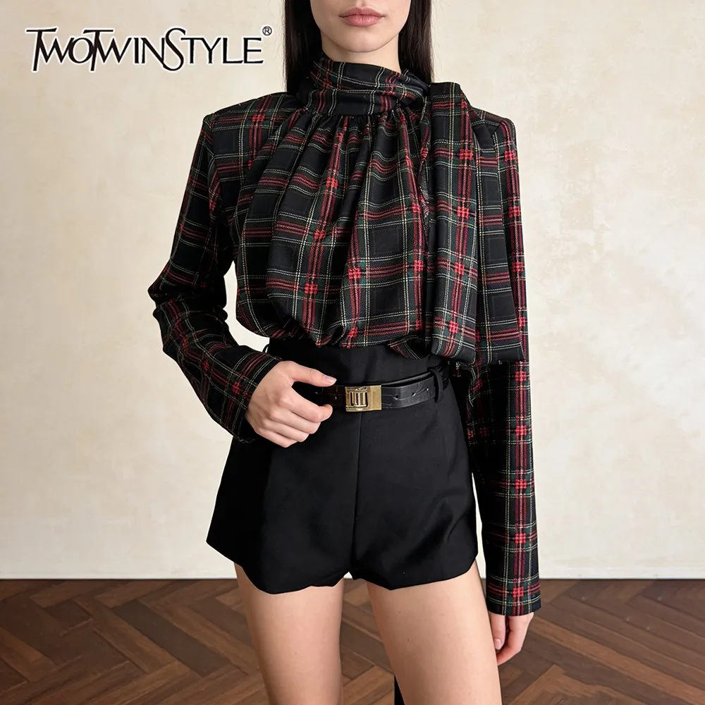 

Новый женский комплект TWOTWINSTYLE: модный двухцветный костюм в клетку с воротником-стойкой, рубашка с длинным рукавом и брюки в уличном стиле