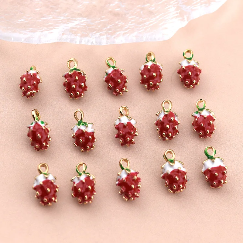 10pcs Mini Red Strawberry Alloy Enemal Charms Cute 3D Fruit Pendant For Barcelet Earring Necklace Diy Jewelry Making