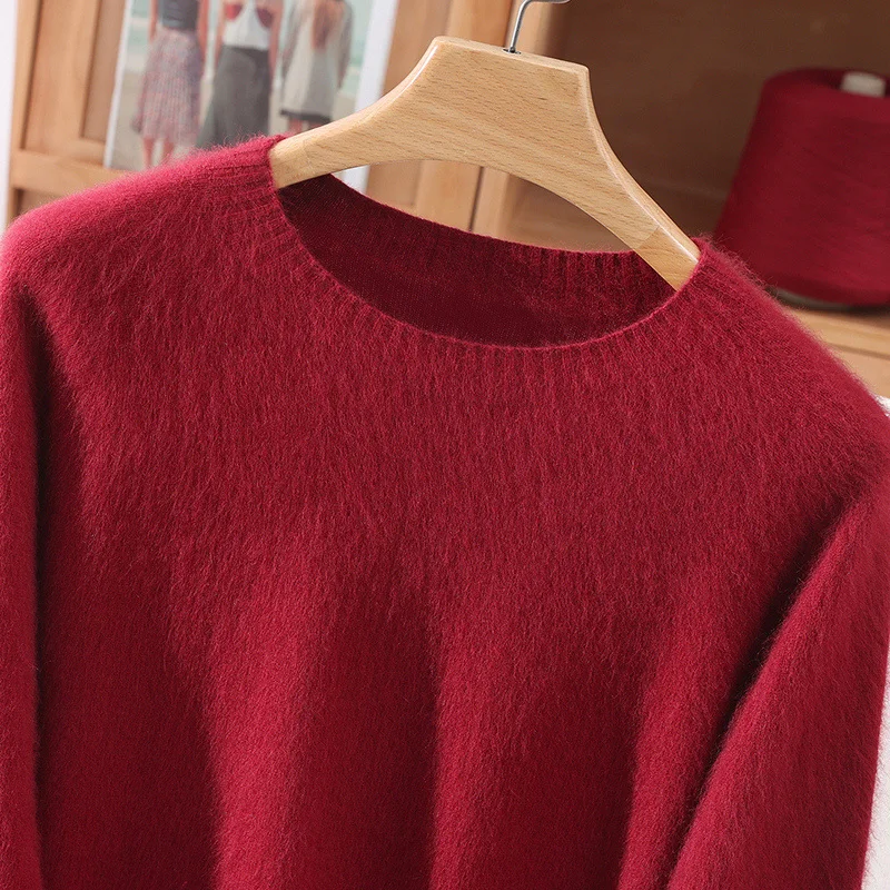 Autumn And Winter 2024 New Mink Cashmere Sweater Ladies Long Sleeve Pullover Round Neck Warm Knit Bottoming Shirt