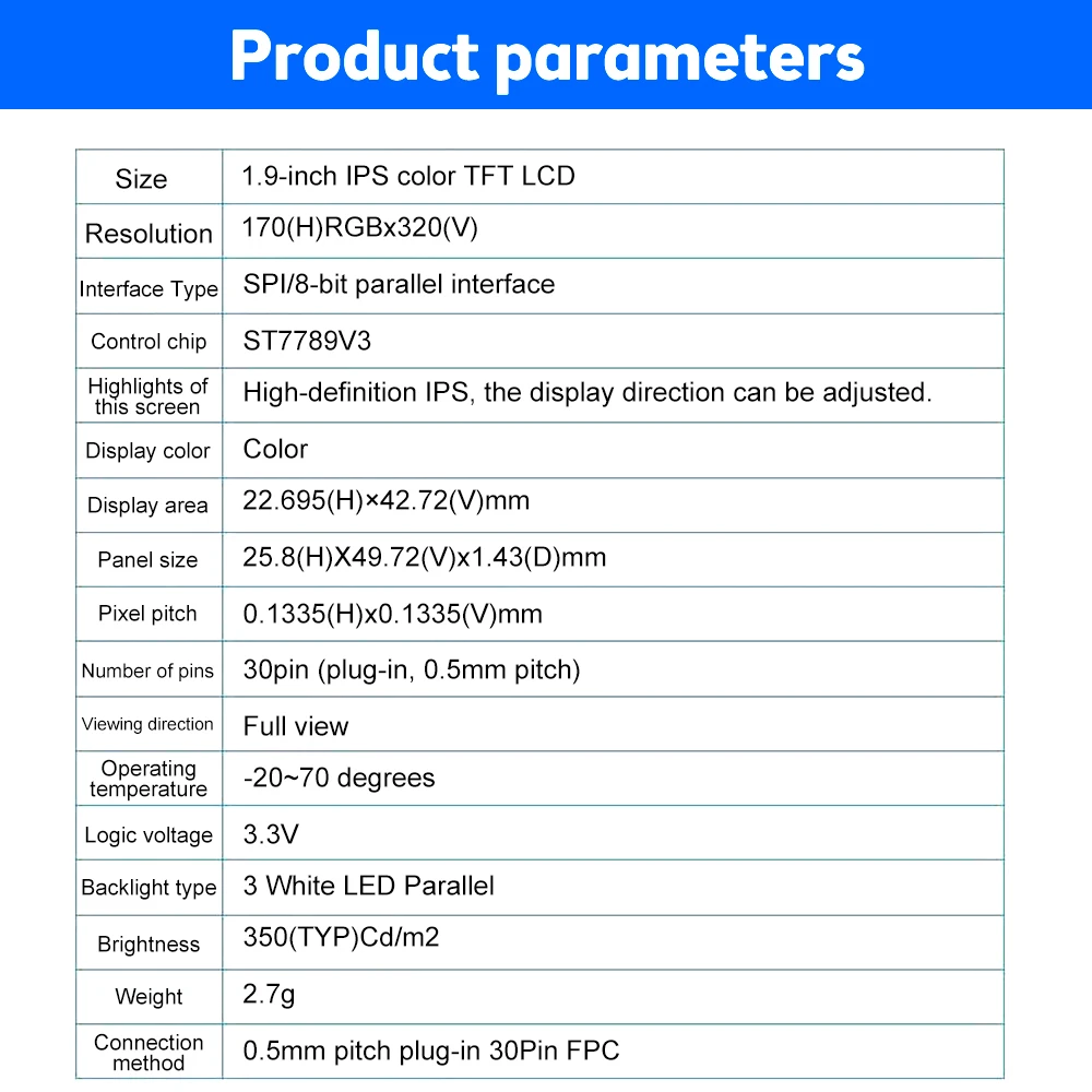 Imagem -04 - Polegadas Tft Lcd Tela 170x320 Suporta Spi Bits Interface de Porta Paralela 3.3v Driver Chip St7789 30pin hd Ips Módulo de Exibição 1.9