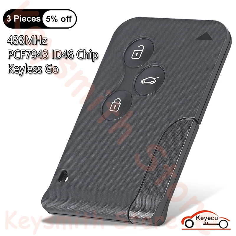 KEYECU 3 Buttons 433MHz ID46 PCF7943 Chip for Renault BCM Megane 2 Scenic 2 Clio 2 Auto Keyless Go Smart Remote Control Key Fob