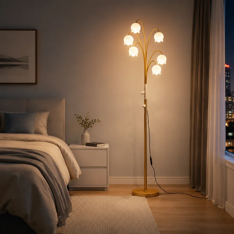 Modern Nordic Lily Flower Six Head Multi Arm Arched Stem Sculptural Living Room Bedroom Reading Corner Home Decor Floor Lamp
