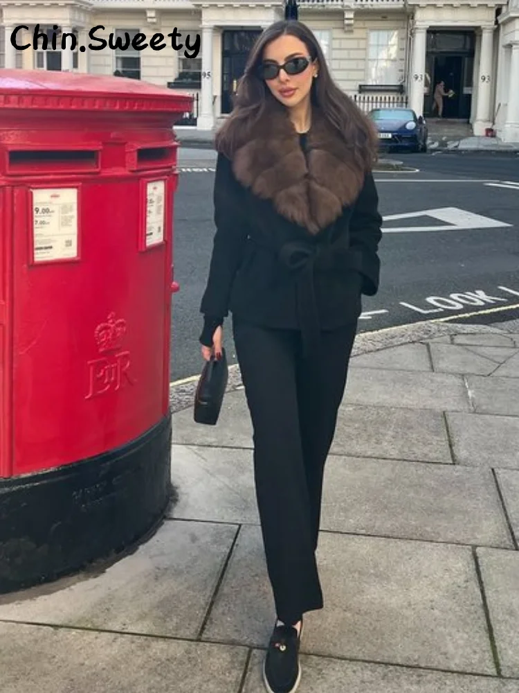 Manteaux en laine à lacets pour femmes, Chic, col en fourrure, ample, solide, manches longues, poches, veste féminine, automne 2025, vêtements d'extérieur chauds de rue