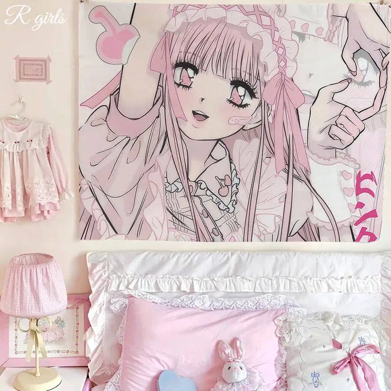 Ins Y2K Alt Aesthetic Tapestry, Sweet Cool Anime Girl Wall Hanging, Harajuku Style Background Cloth for Dorm Bedroom Living Room